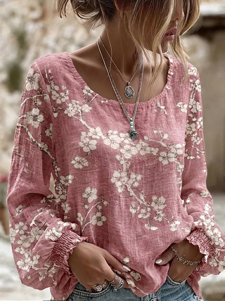 Kvinders vintage blomstermotiv kunsttryk afslappet top i bomuld-linен