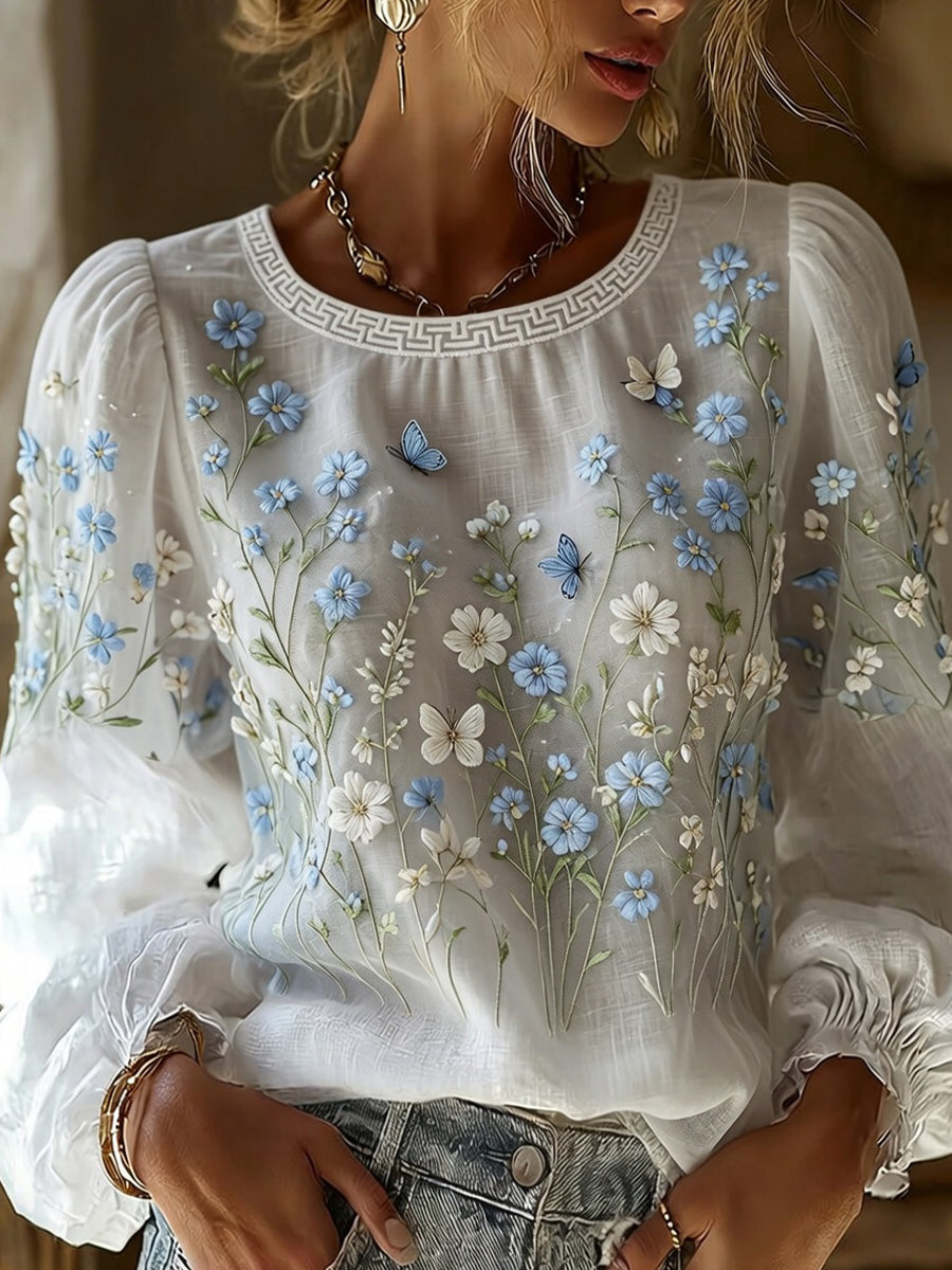 Kvinders vintage blomstermotiv kunsttryk afslappet top i bomuld-linен