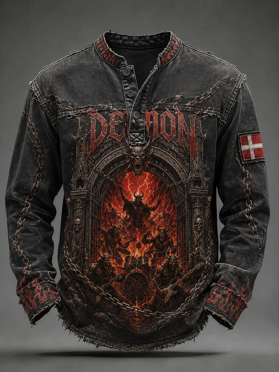 Herre-musikfestival-inspireret heavy metal-print afslappet langærmet top