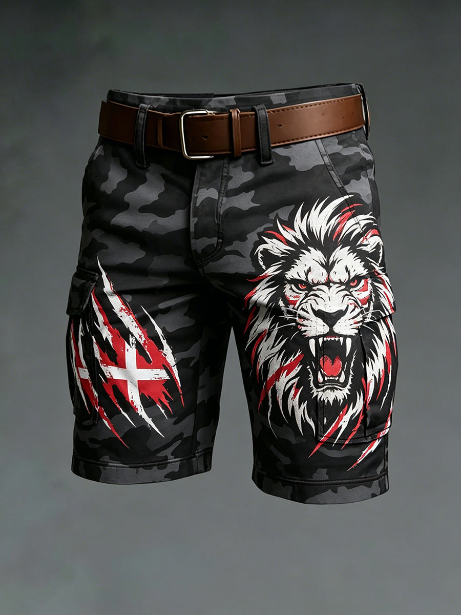 Mænds camouflage cargo-shorts med løveprint