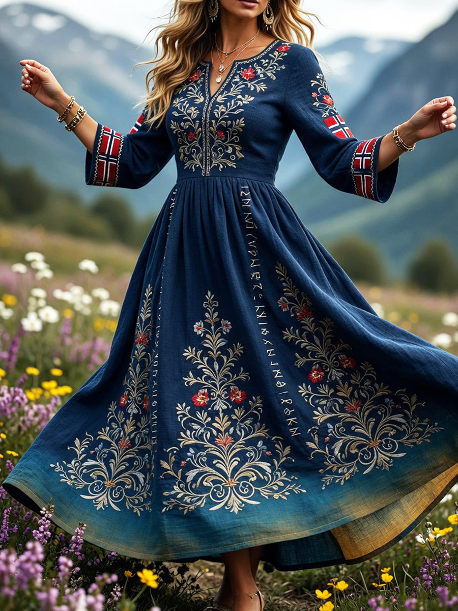 Kvinders retro kjole i skandinavisk stil af bomuld og hør med norsk kunstprint