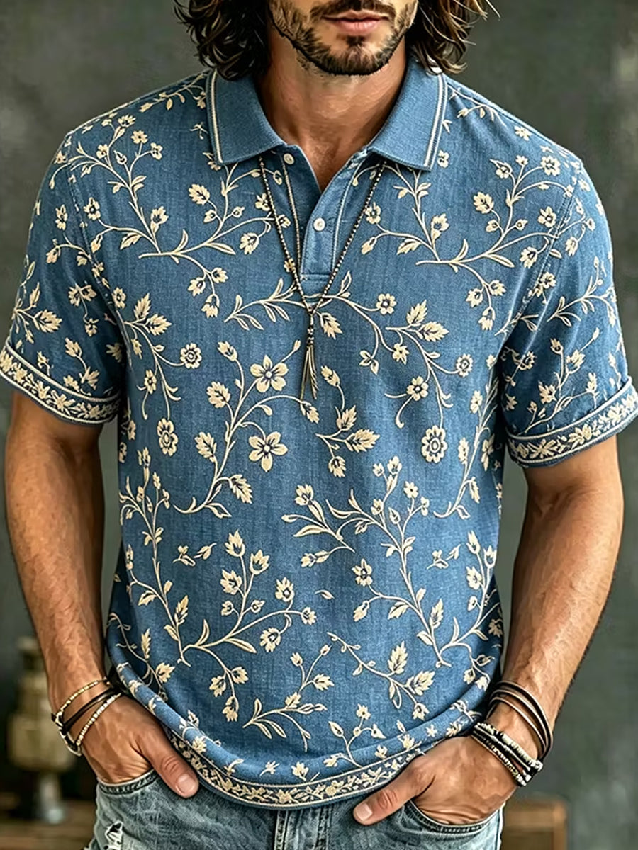 Retro Abstract Blomsterbroderi kunst print Casual Polo skjorte