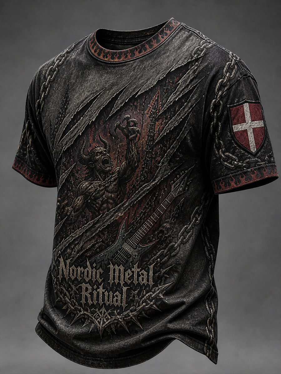 Mænds retro heavy metal-musikelement printet t-shirt med korte ærmer