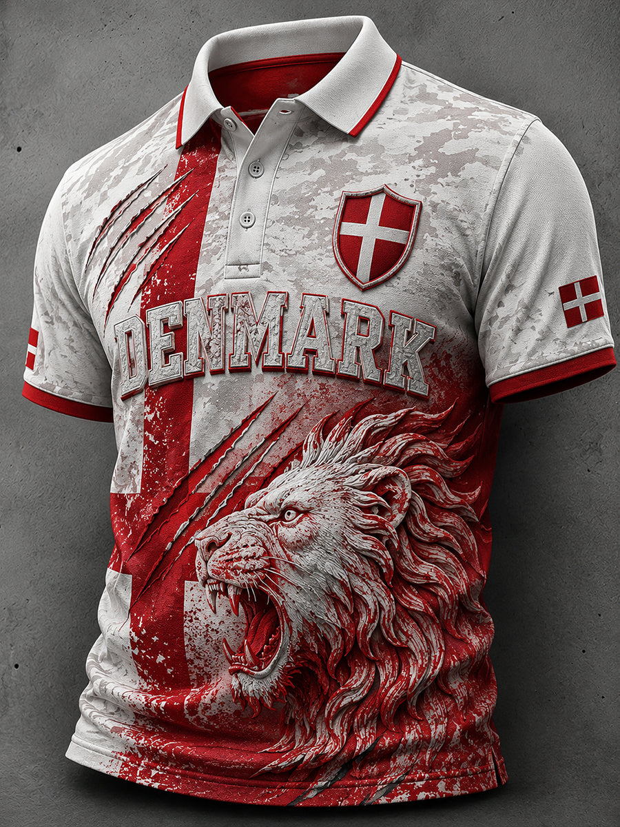 Mænds retro polo-skjorte med løve- og camouflageprint samt korte ærmer