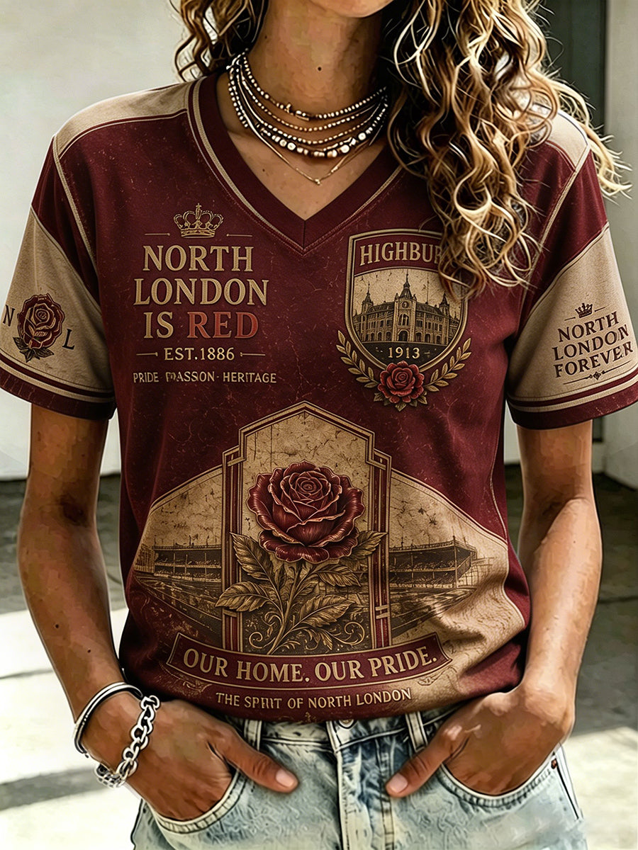 Kvindernes Highbury-stolte nordlondonske fodboldelsker-printet t-shirt