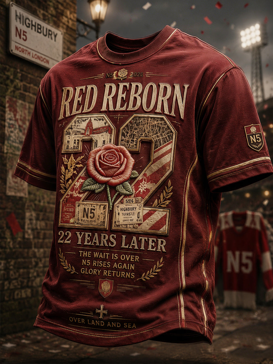 Herre T-shirt fra North London 22, rød, med tryk af genfødt mester og fodboldelsker
