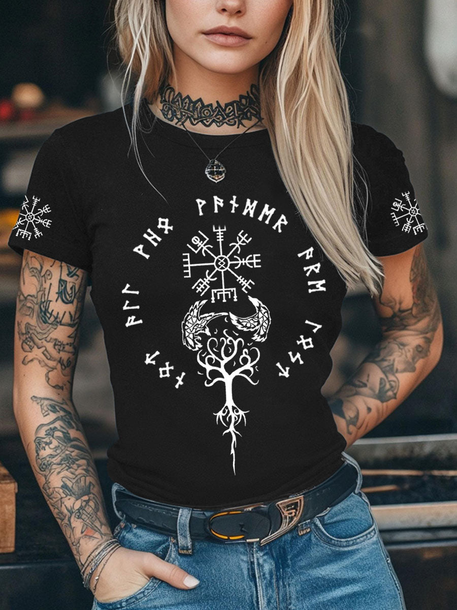 Kvinders vikingetidsinspirerede t-shirt med kort ærme og print