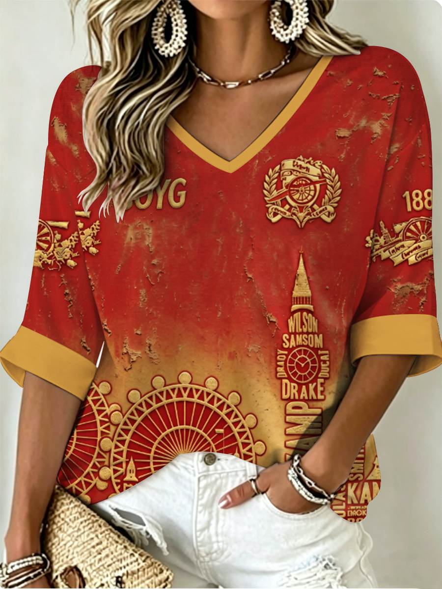 Kvindernes RED CITY FORVERS trykte midt-længde ærmer V-hals T-shirt