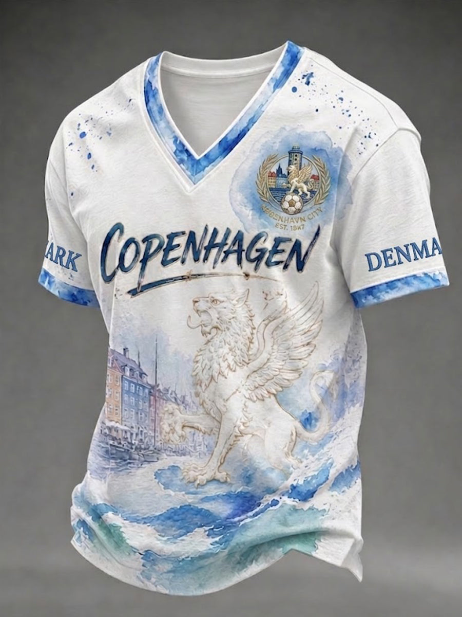 Mænds København Danmark Fodbold V-hals T-shirt