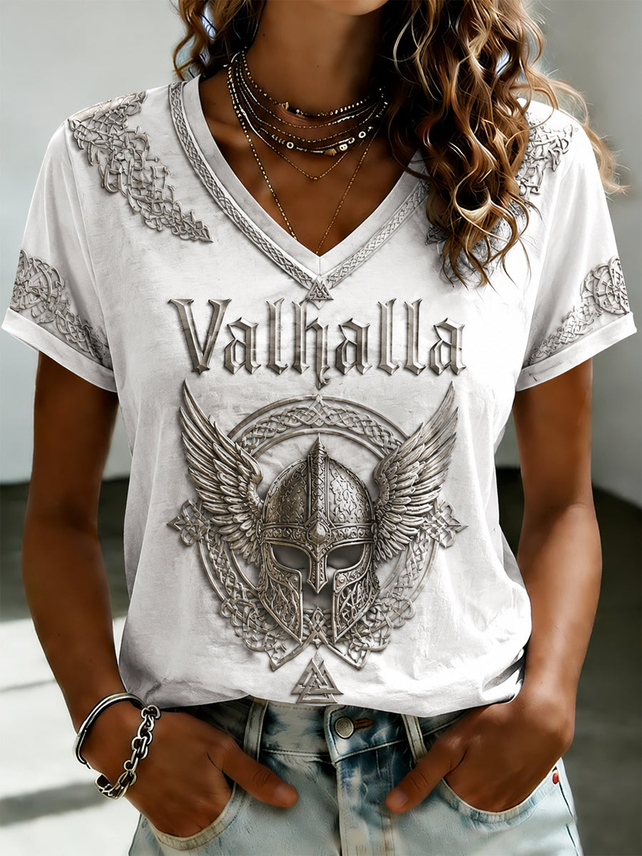 Kvinders Valhalla T-shirt med print og V-udskæring