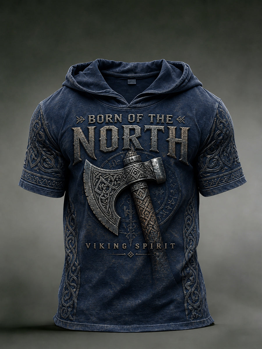 Mænds Retro Viking Print Kort-ærme hættefuld sweatshirt
