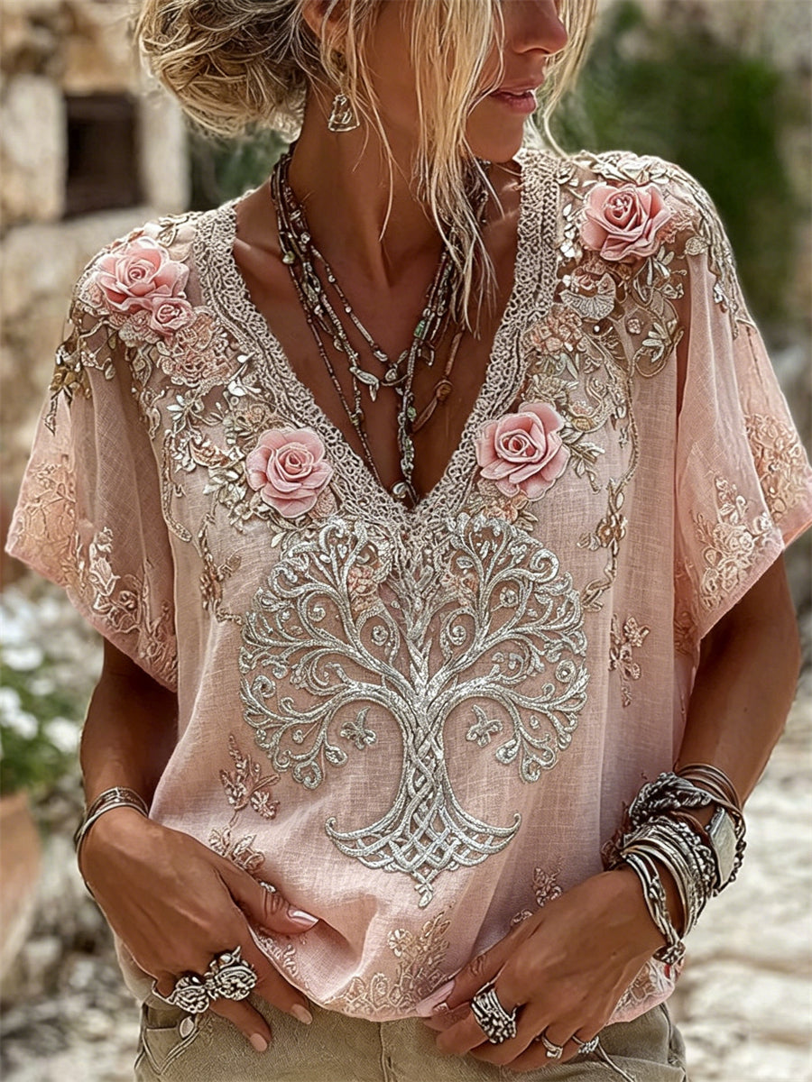 Kvinders Viking træ af liv klassificerede roser Blomster Print linned kortærmet T-shirt