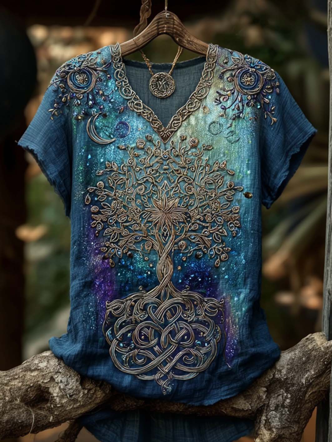Kvinder retro Viking nordisk mytologi mønster trykt linned kortærmet T-shirt