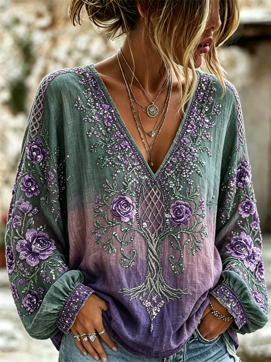 Kvinders stilfulde roser Blomster Viking træ af livet Celtic Print Gradient Cotton-Linen skjorte