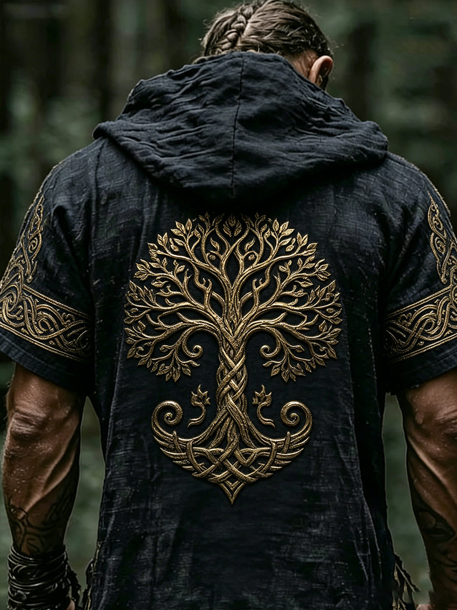 Mænds Retro Viking Print Kort-ærme hættet øverst