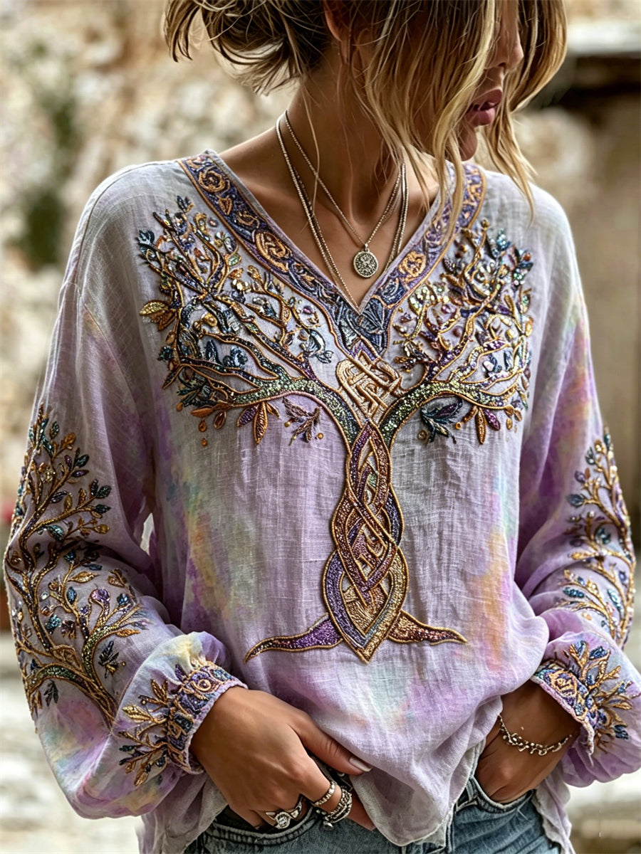 Kvinders Vintage Mystiske Træ af liv Glitter Print bomuld-Linen skjorte