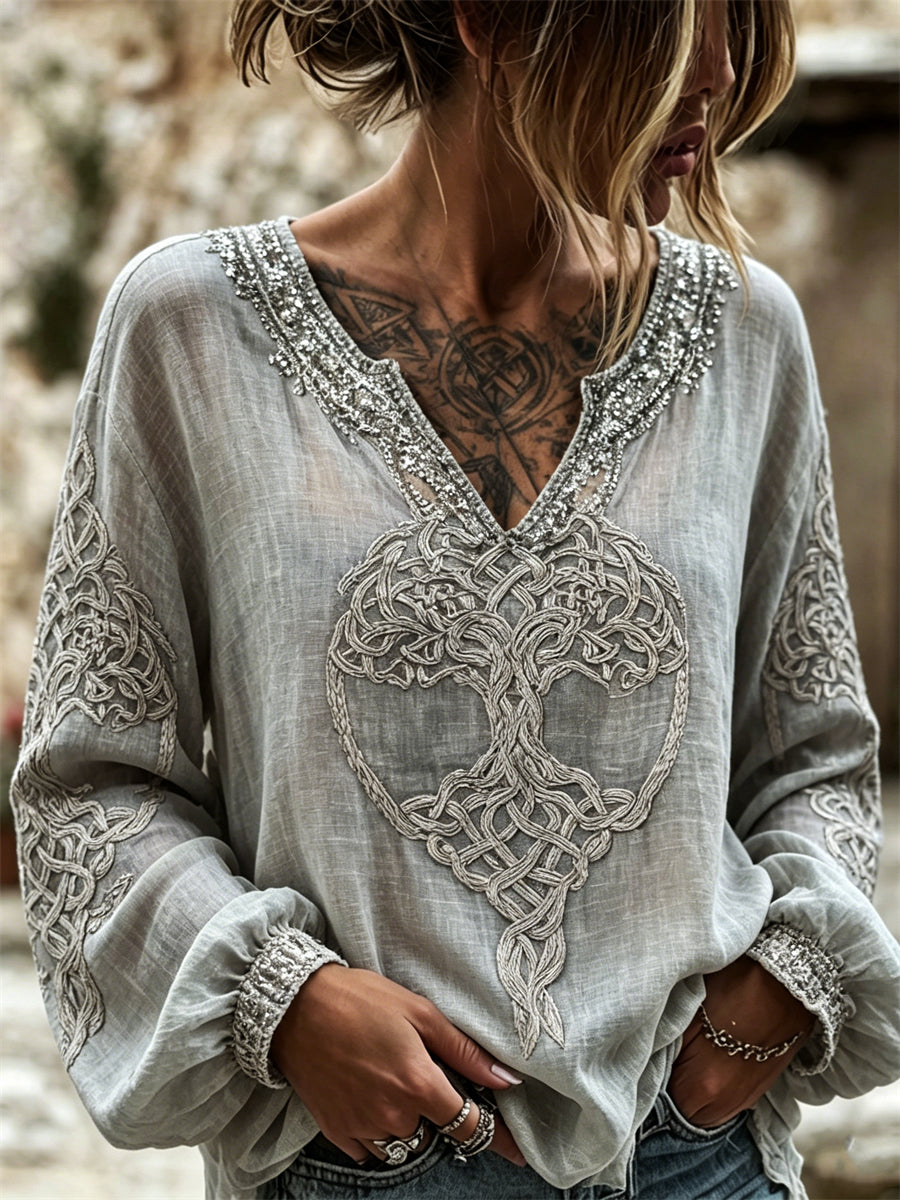 Kvinders viking træ af liv keltisk knob kunst print bomuld-Linen skjorte