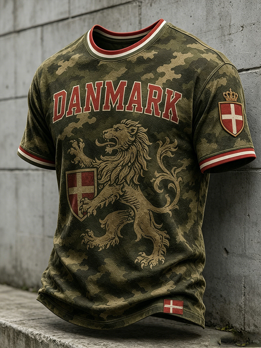 Mænds slidt camouflage T-shirt med løveprint og korte ærmer