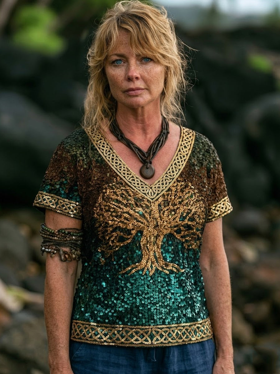 Kvinders Viking Inspireret Glitter Træ af liv Celtic Print Kortærmet T-shirte