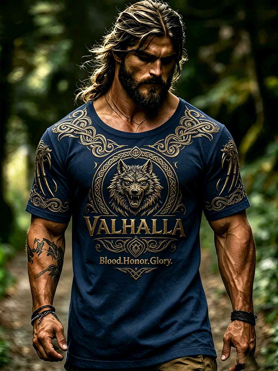 Mænds retro vikingemotiv-print t-shirt med korte ærmer