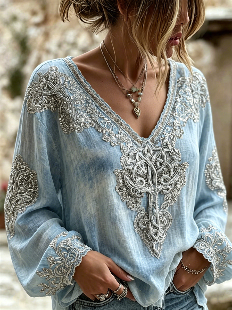 Kvinders stilfulde Viking træ af liv keltisk knob Print bomuld-Linen skjorte