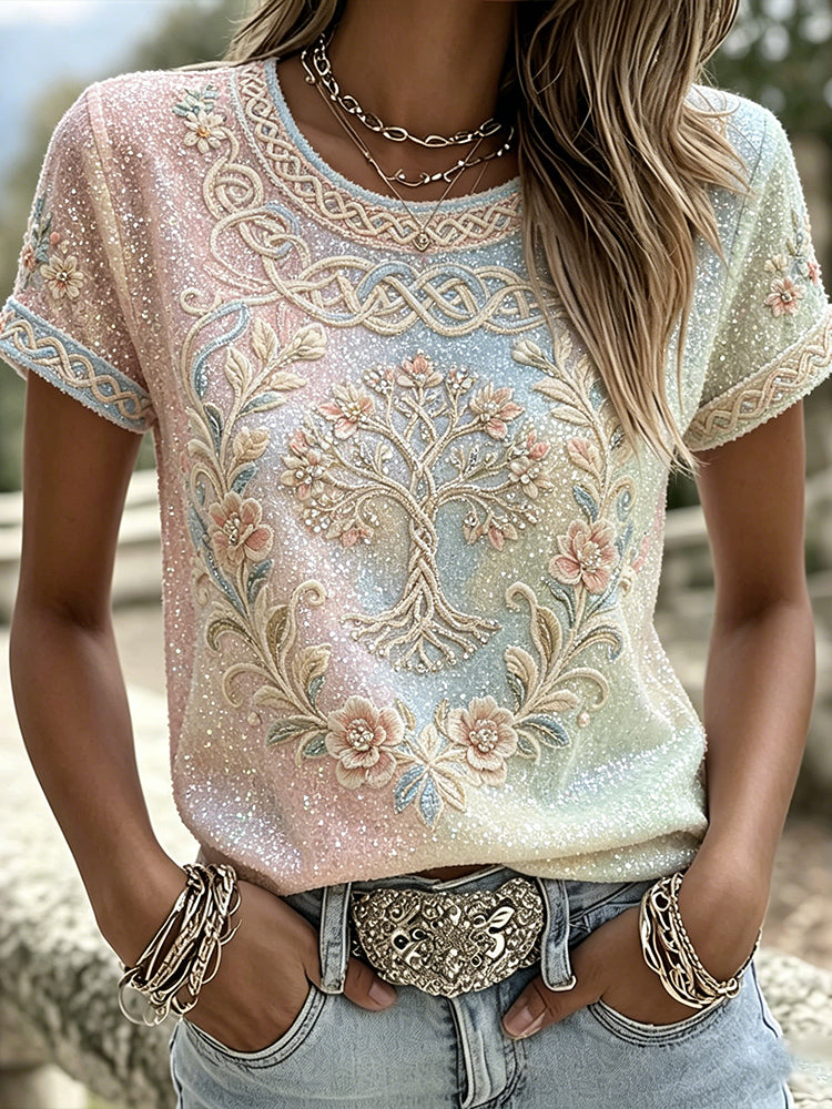 Kvinder Classy Blomster keltisk Træ af liv Glitter Print Gradient kortærmet T-shirt