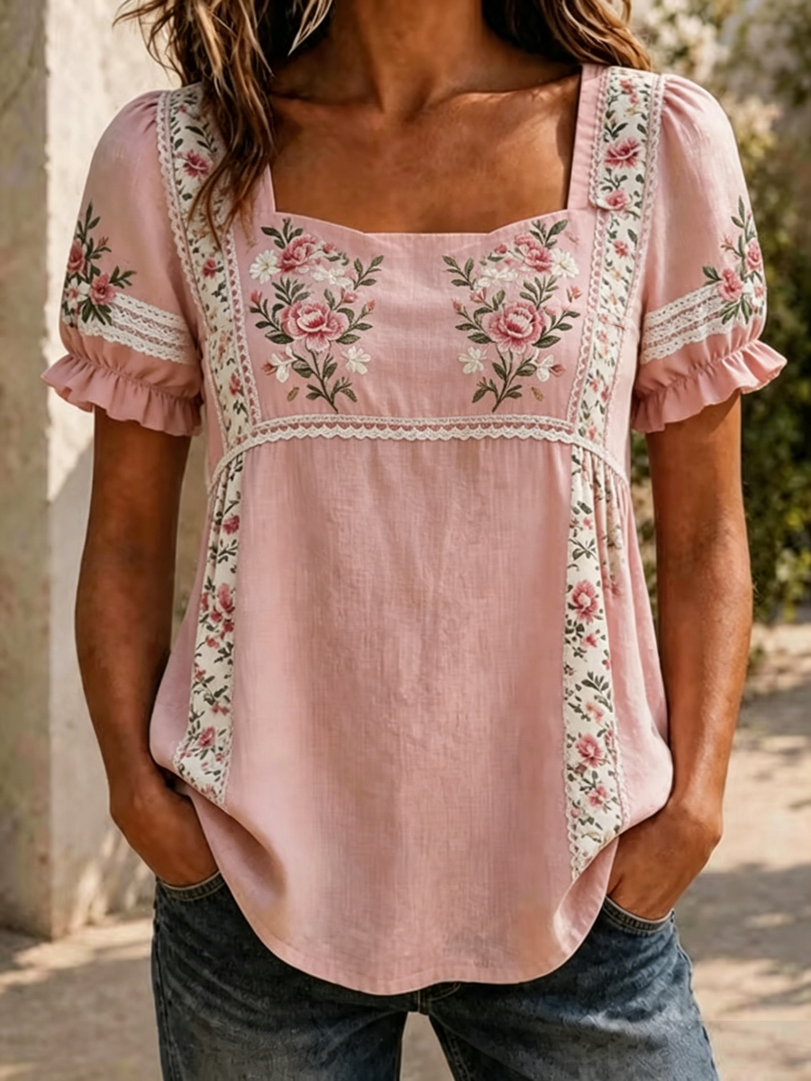 Kvindernes blomsterprint T-shirt med korte ærmer