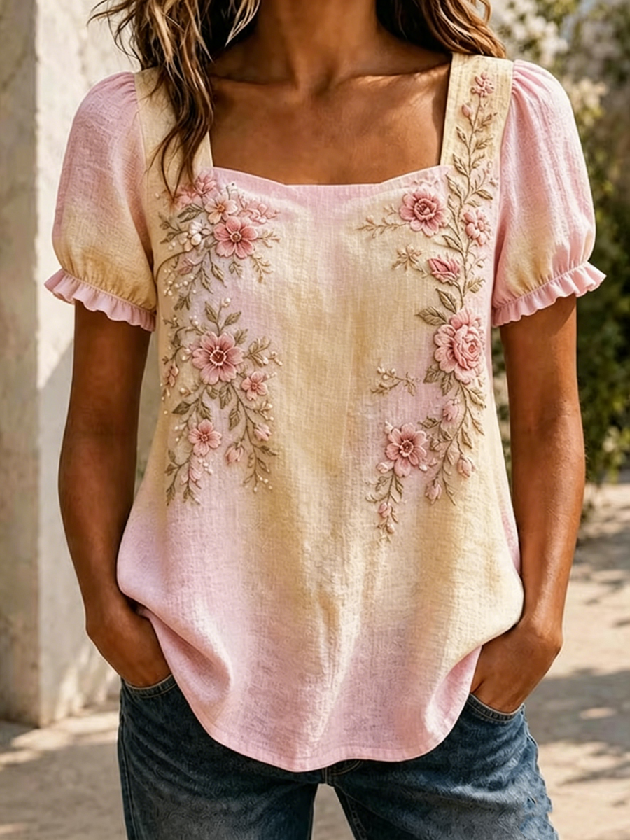 Kvindernes blomsterprint T-shirt med korte ærmer