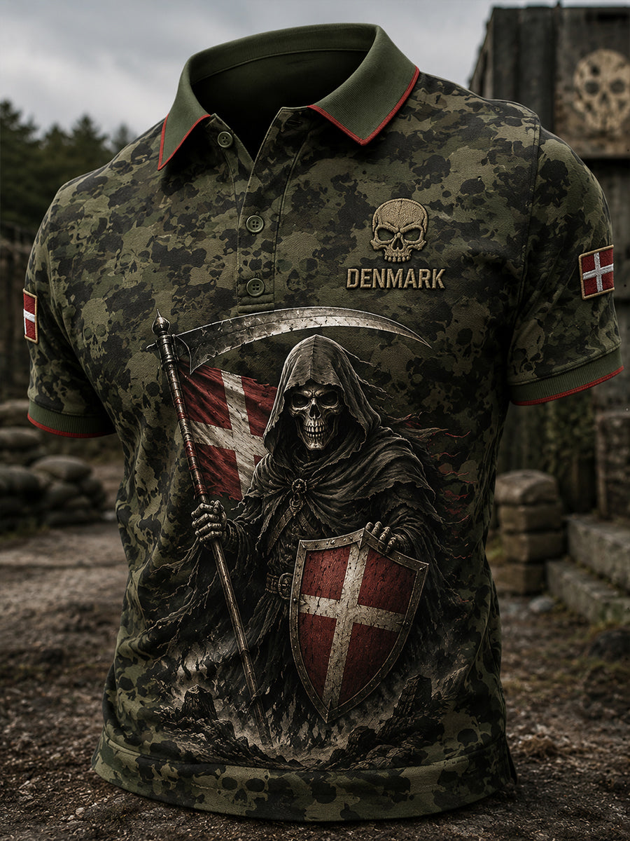 Mænds retro kamouflagetrykt poloshirt med korte ærmer