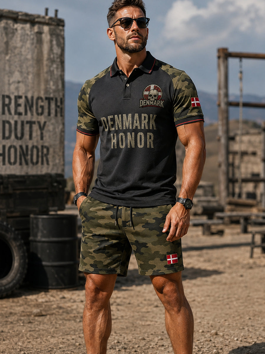 Mænds retro camouflageprint polotrøje med korte ærmer