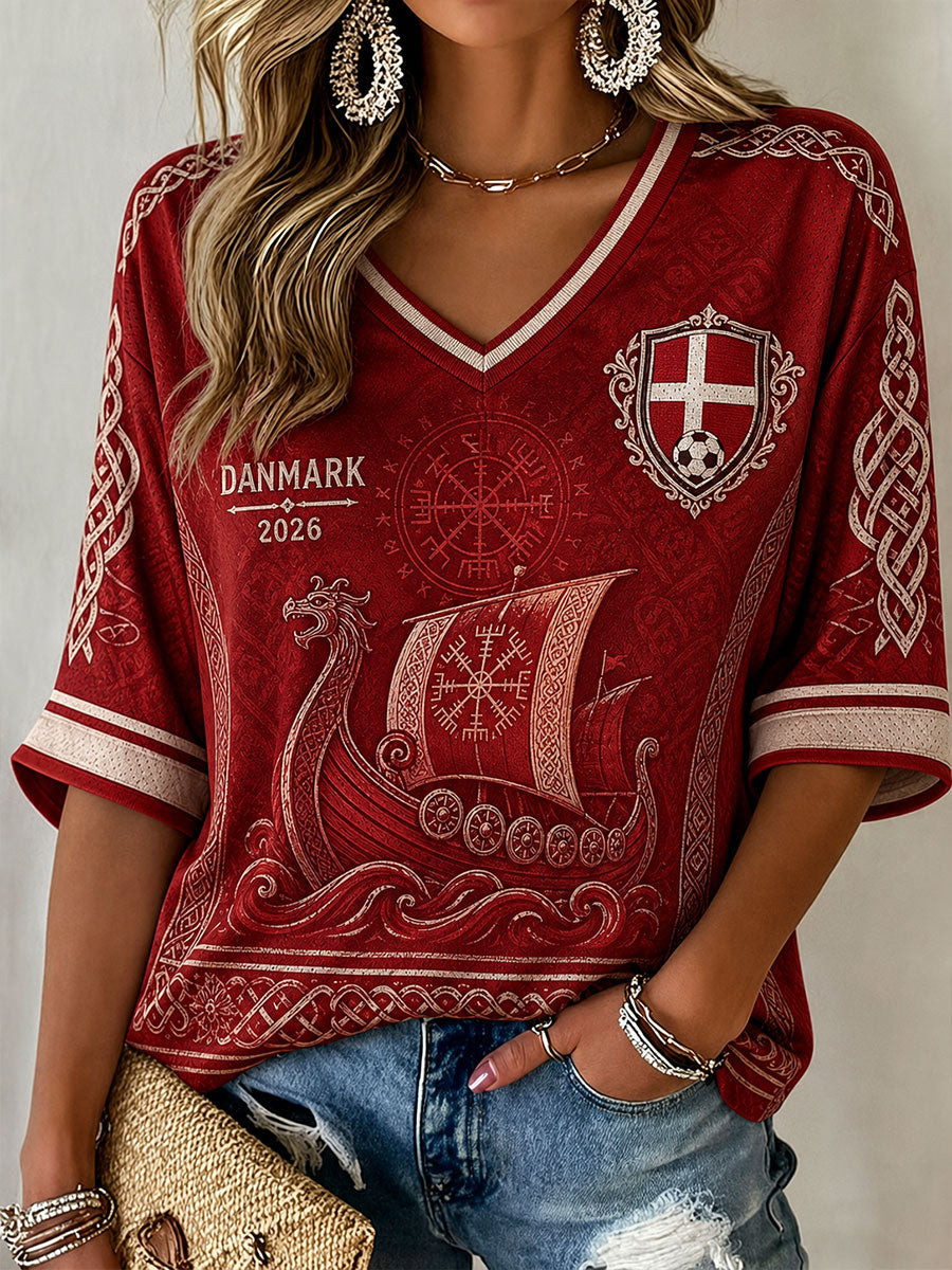 Dames Danmark Fodbold Mellemlange Ærmer V-udskæring T-shirt