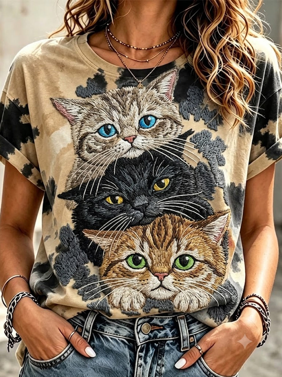 Kvinders søde kat kunst kort ærme T-shirt