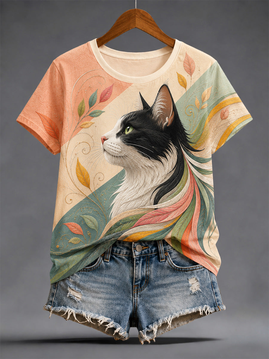 Kvinders kunstneriske kat Print Casual Tee