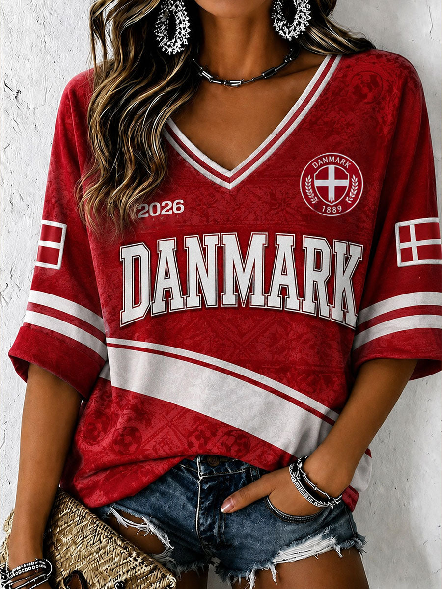 Kvinders Danmark Fodbold Midt-længde ærmer V-hals T-shirt