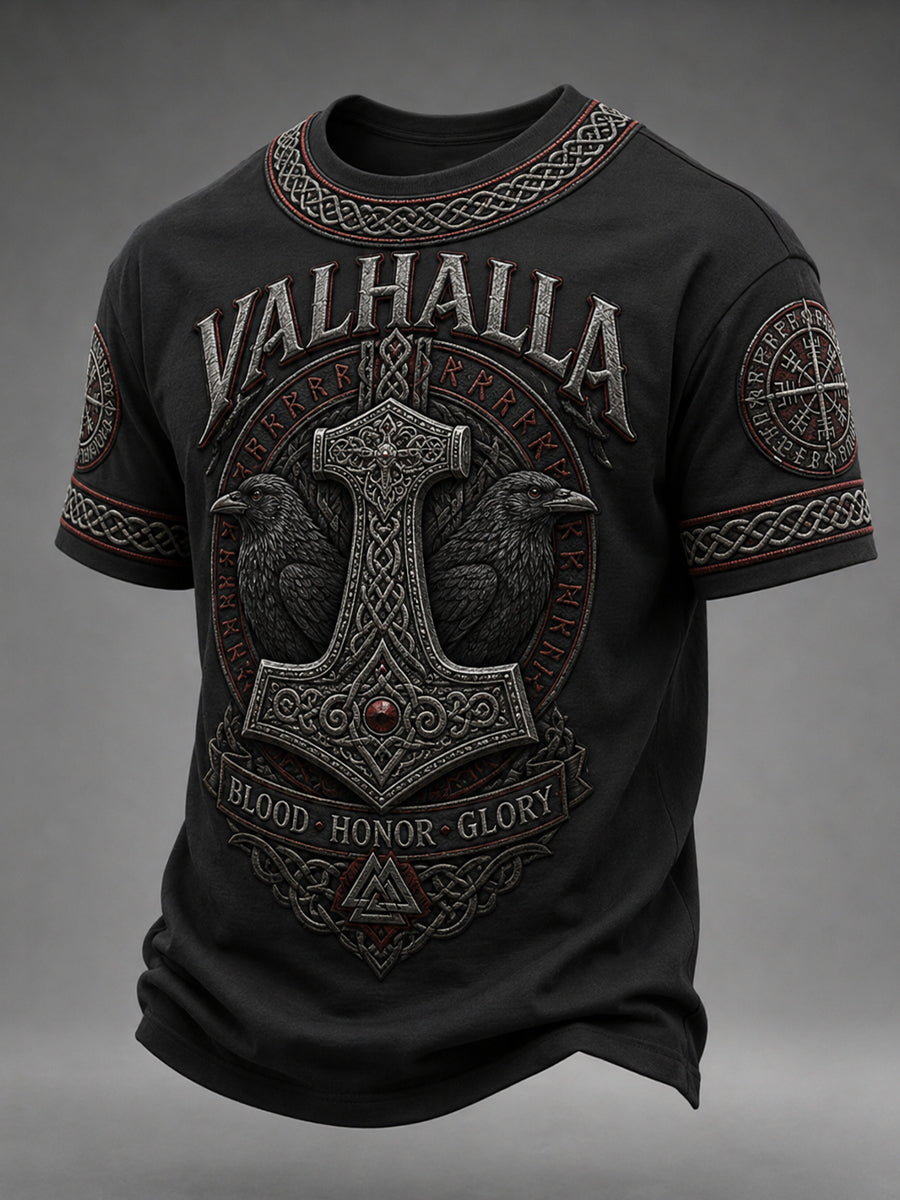 Mænds retro vikingemotiv-print t-shirt med korte ærmer