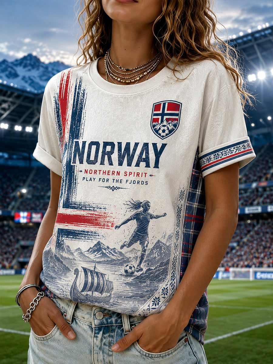 Dame-T-skjorte med vikingfotballtrykk og kortermet erme