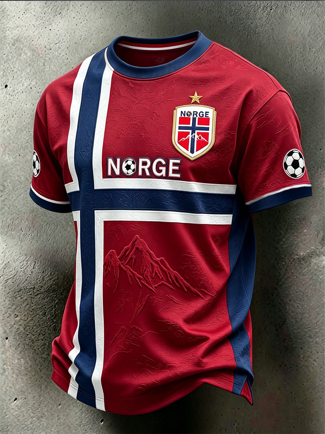 Fotballmønstermotiv i rød og blå kontrastfarge for menn, avslappet sports-T-skjorte