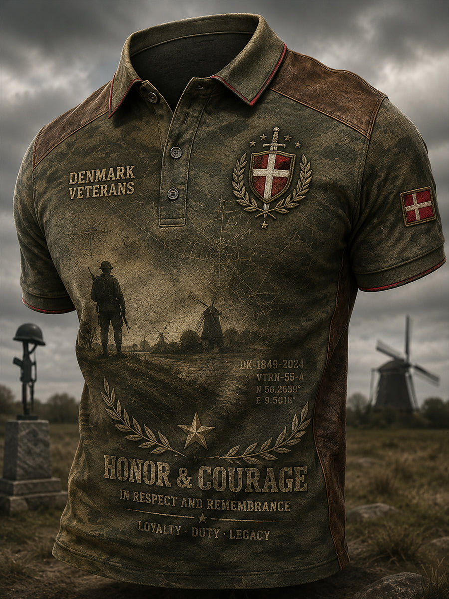 Mænds retro militærpolo med camouflageprint og korte ærmer