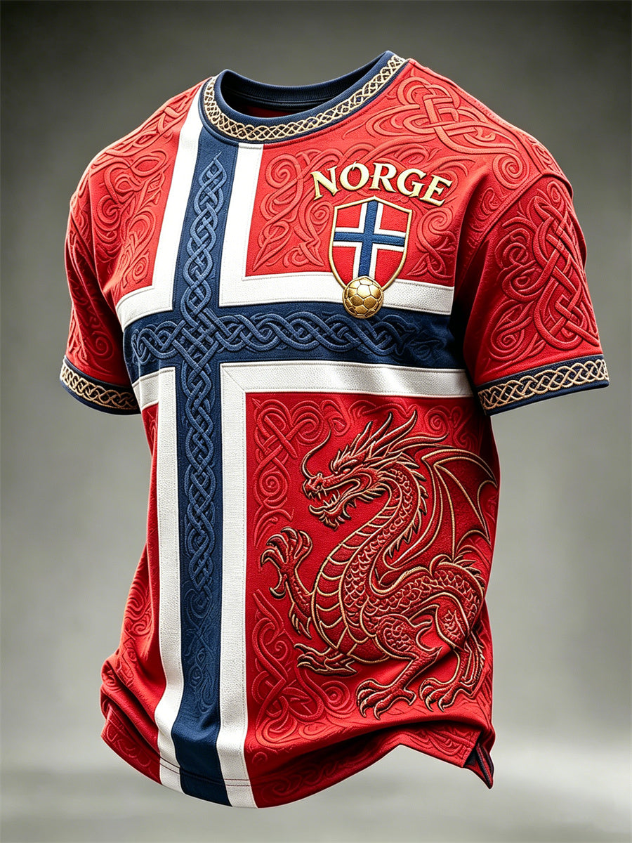 Menns Norge fotball Viking drage Celtic Knott Flag fargeblokk Skriv korte ermer t-skjorte