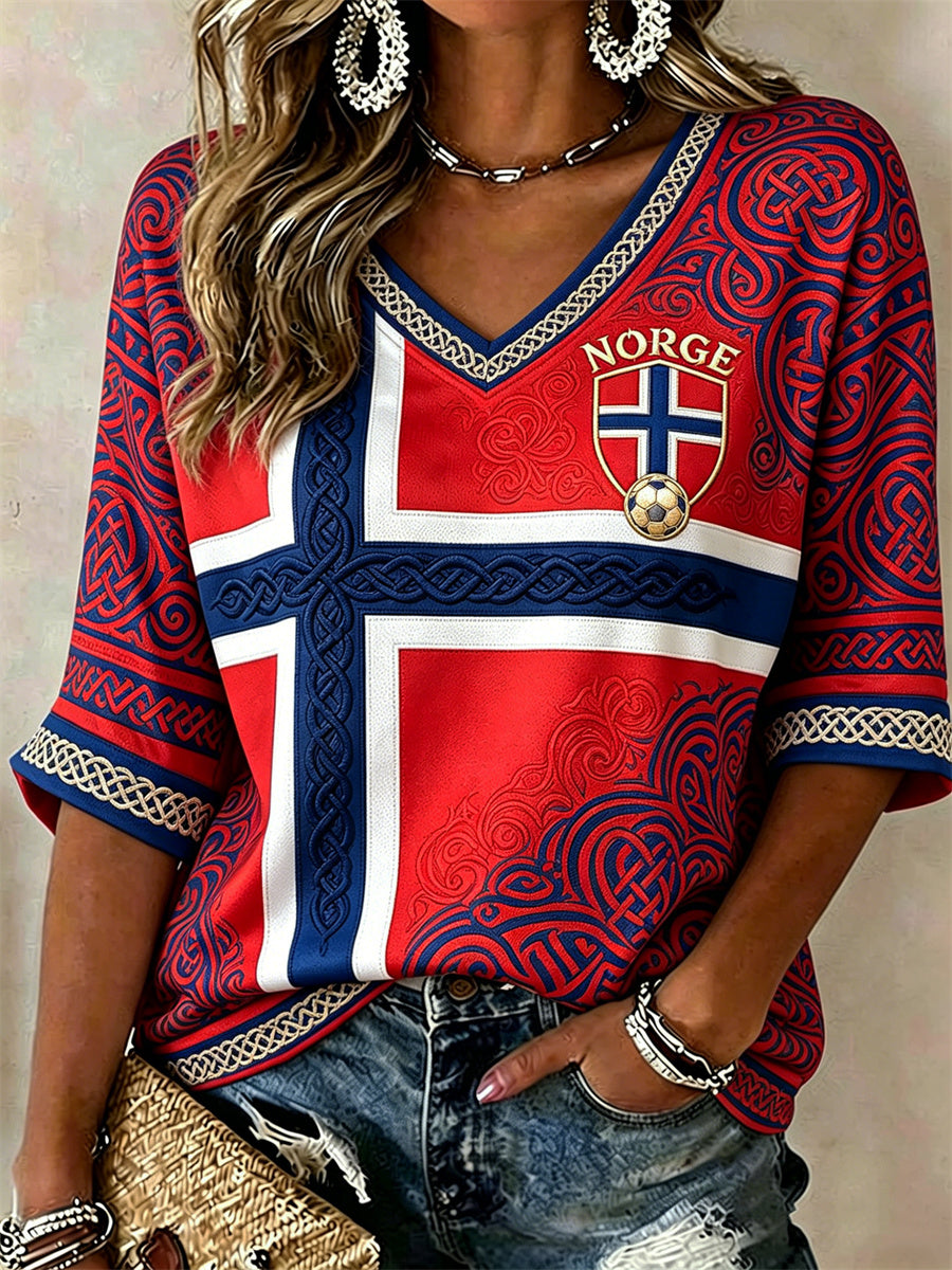 Kvinnerfotball Viking keltisk knut flagg fargeblokk Skriv ut midt lengde ermer V-hals T-shirt