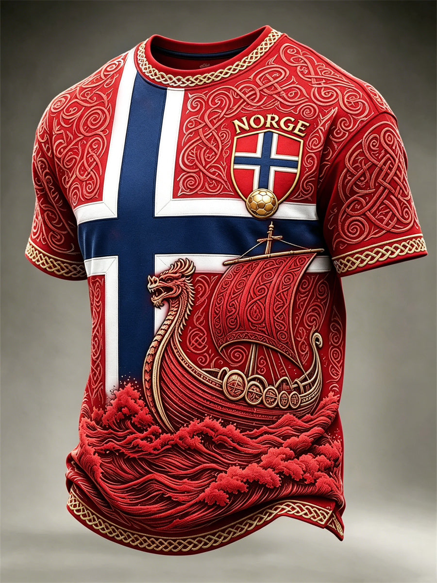 Menns Norge fotball Viking skip Over bølger Celtic Knota Flag Fargeblock Skriv korte ermer t-skjorte