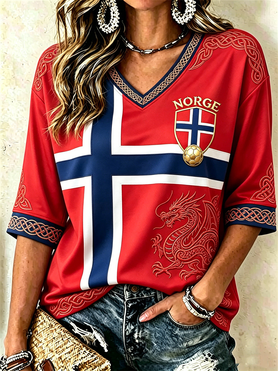 Kvinner fotball Viking drage keltisk knopflagg fargeblokk Skriv ut mellom lengde ermer V-hals T-shirt