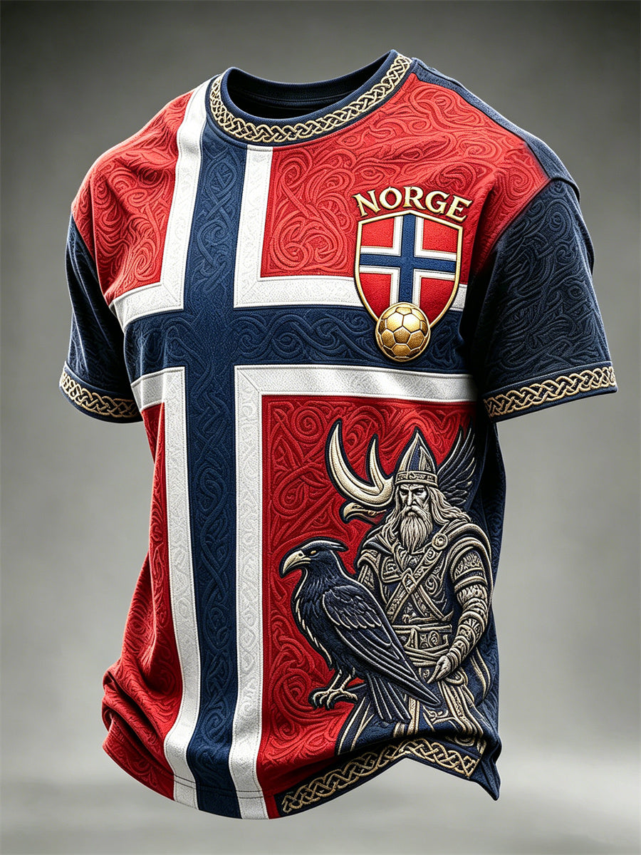 Menns Norge fotball Viking kriger & Raven Celtic Knota Flag fargeblokk Skriv korte ermer t-skjorte