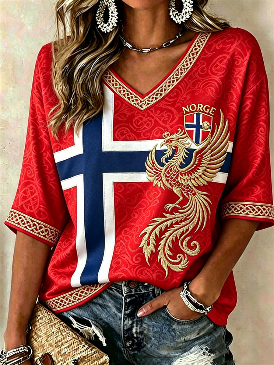 Kvinner Norge Fotball Viking Fugl Keltisk knute Flagget trykk Midtlange ermer V-utringning T-skjorte
