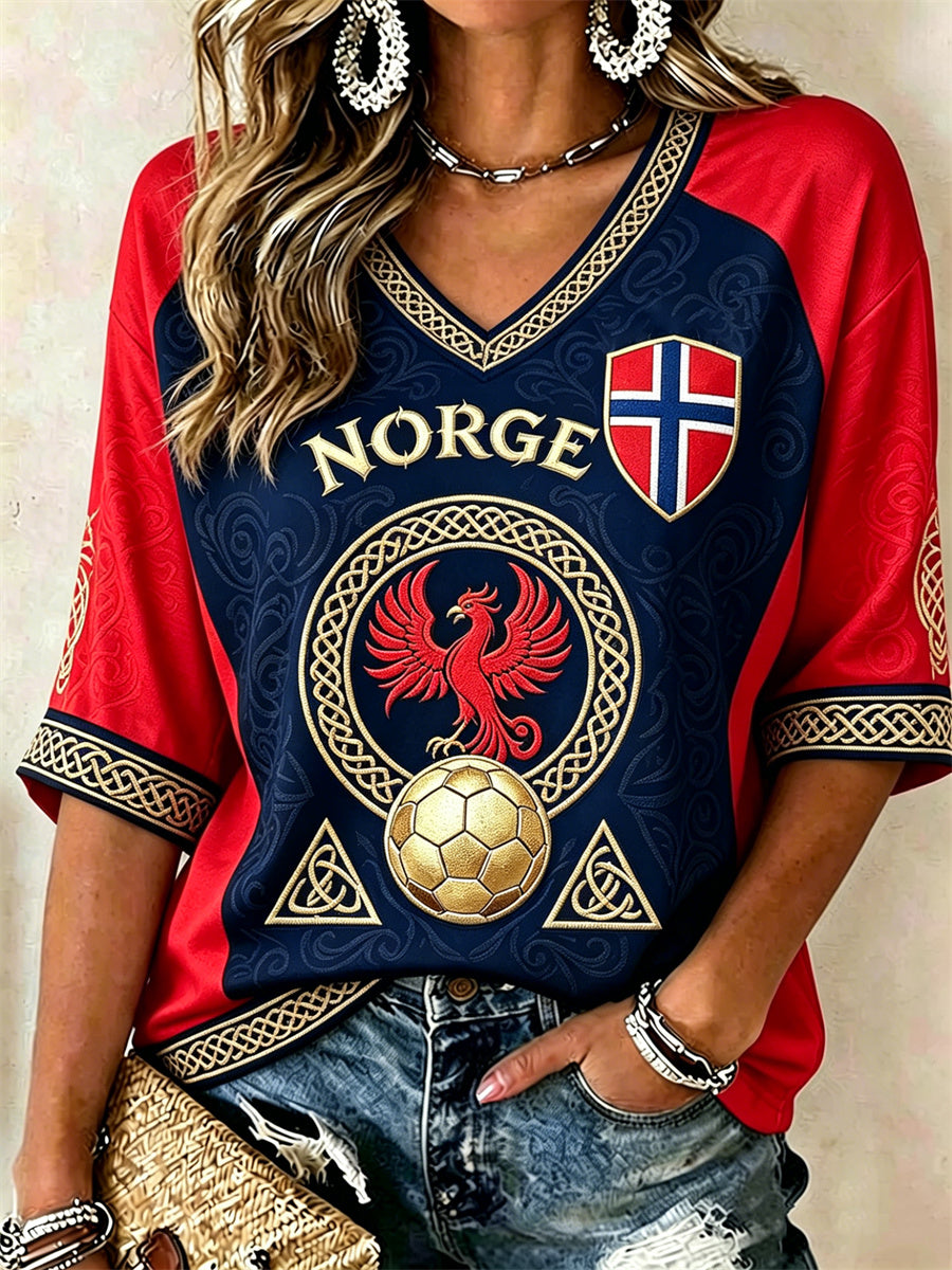 Kvinner Norge Fotball Viking Fugl Keltisk knute Flagget Kontrasttrykk Midtlange ermer V-utringning T-skjorte