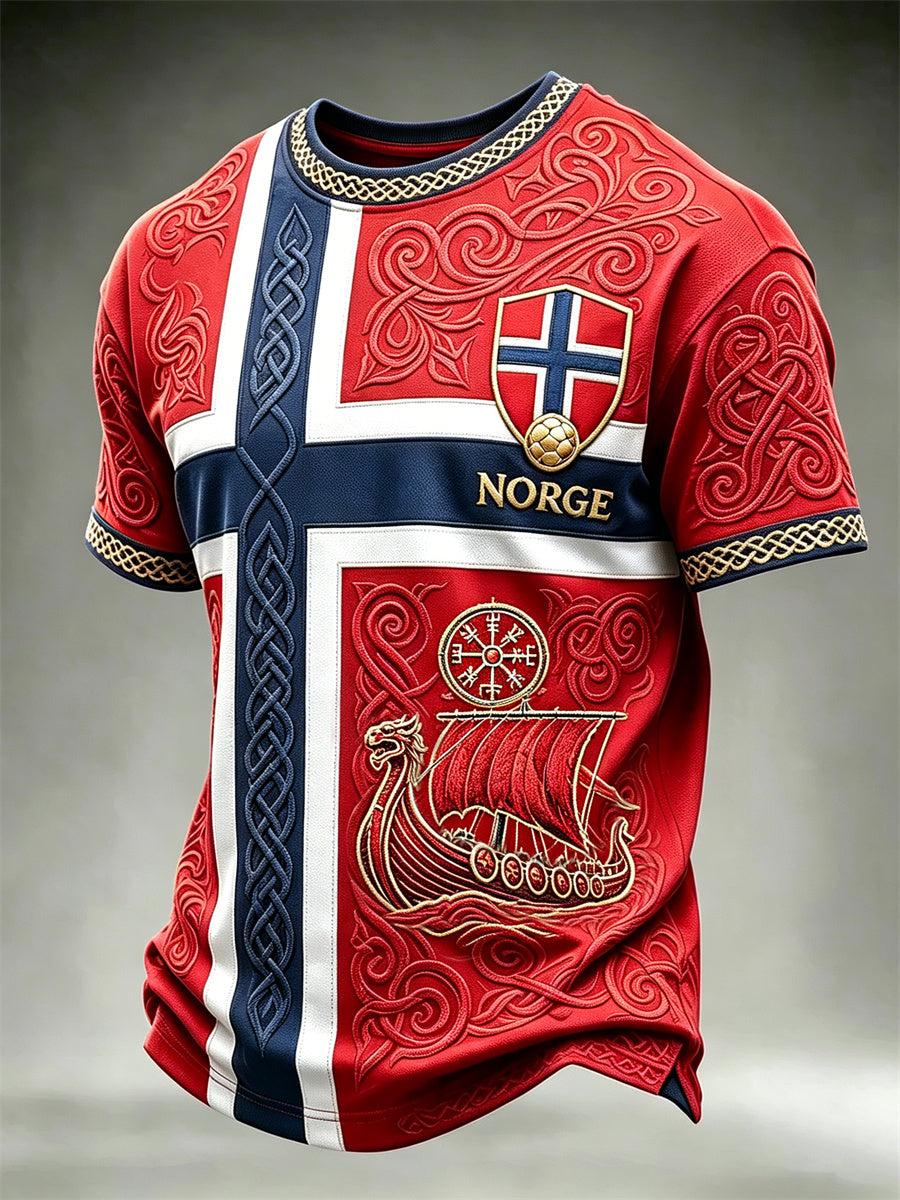 Menns Norge fotball viking vegvisir og skip keltisk knute flagg trykk t-skjorte med kort ermer
