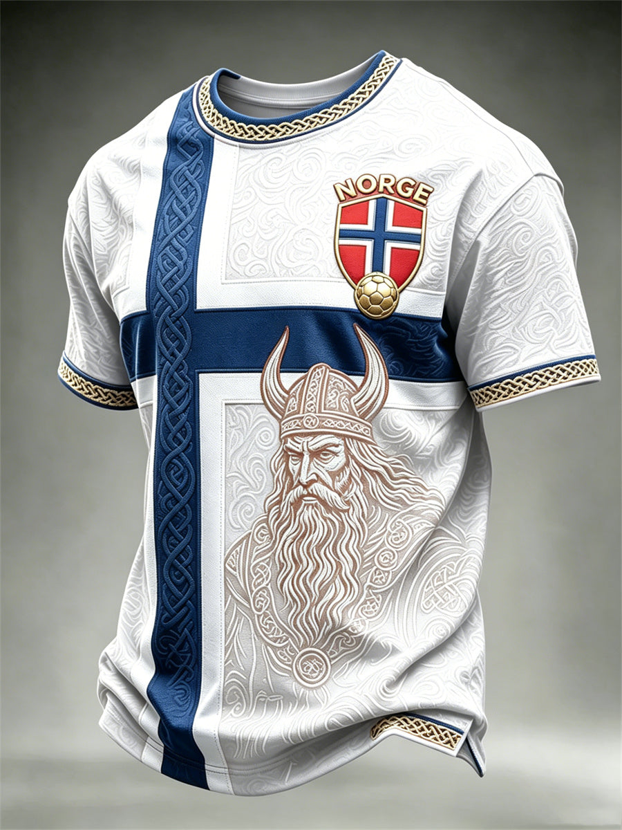 Herre-Norge fotball Vikingkriger keltisk knute flagg fargeblokktrykk t-skjorte med kortermer