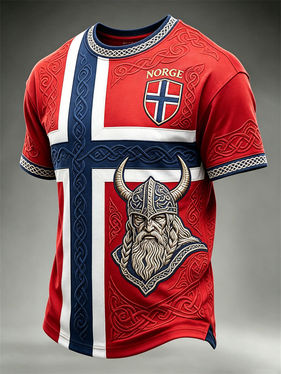 Menns fotball-T-skjorte fra Norge med trykk av vikingkriger, keltisk knute og flagg, kortermet