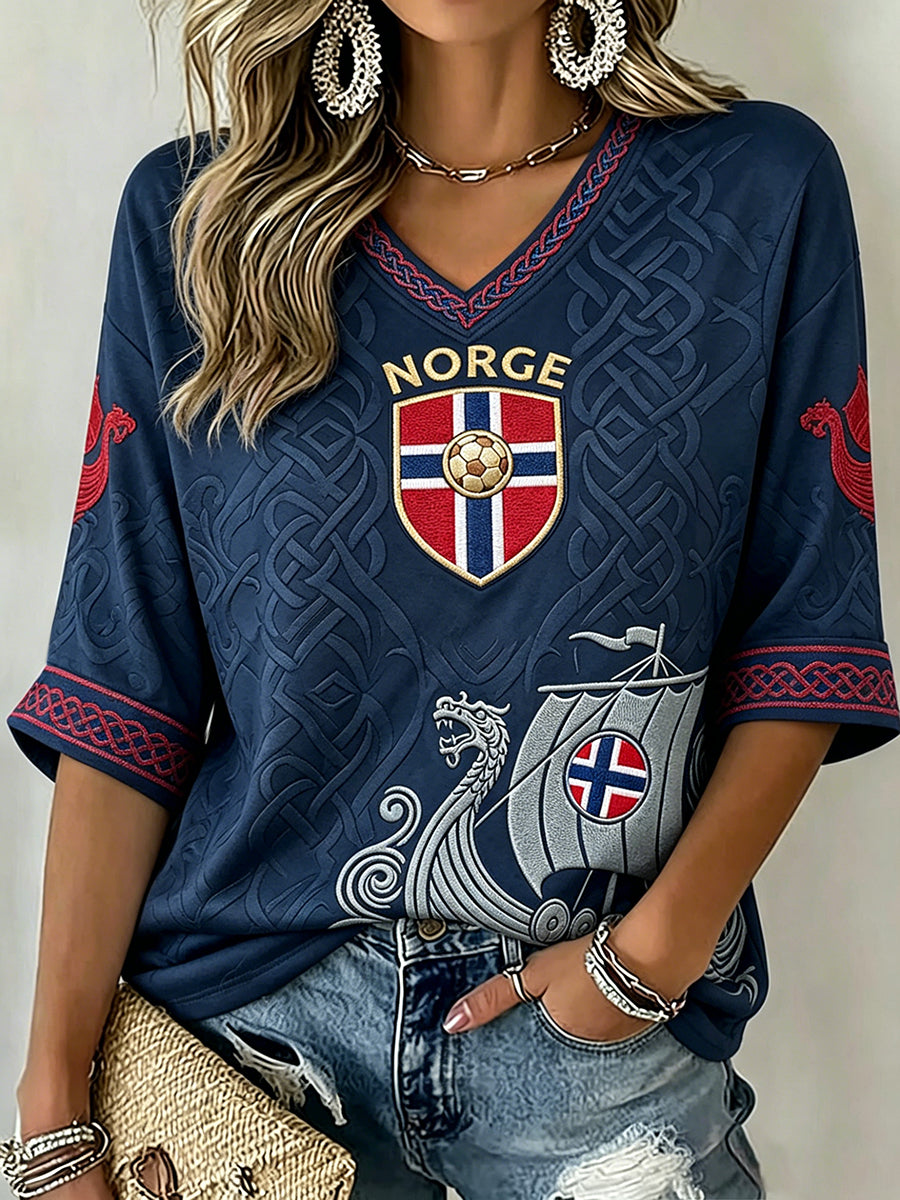 Dame-Norge fotballfan t-skjorte med middellange ermer og V-uttakning