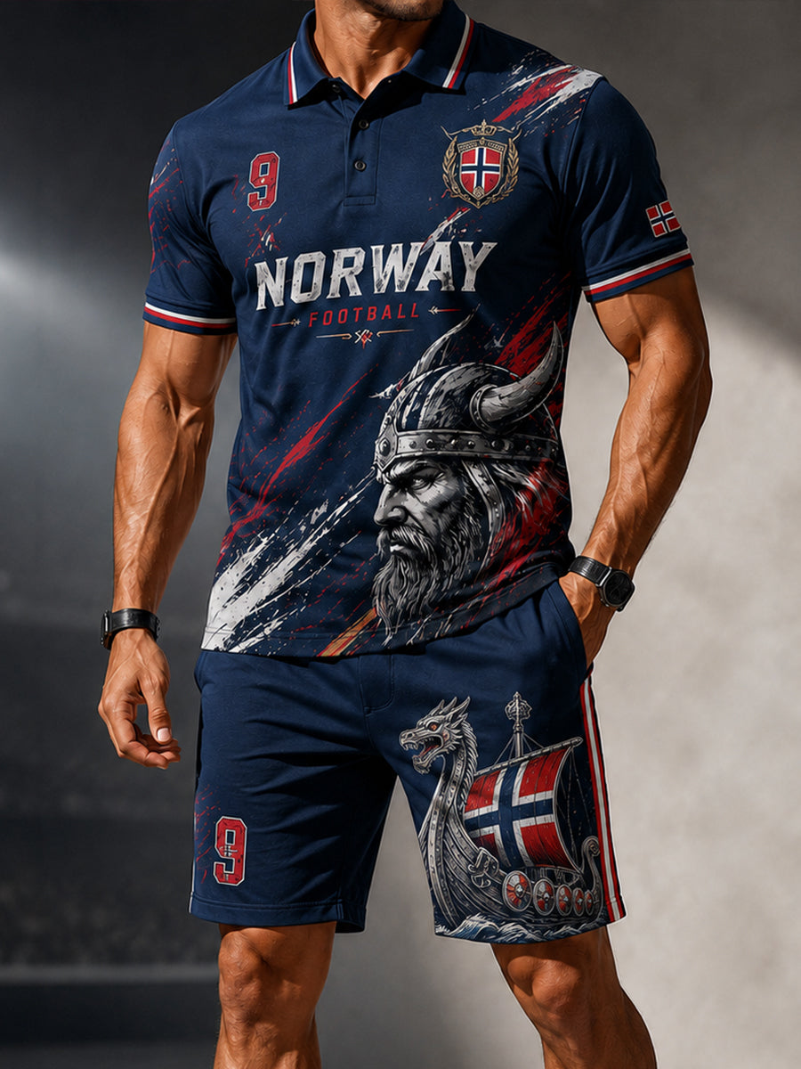 Herresett med poloskjorte med viking- og fotballmotiv og kortermet design